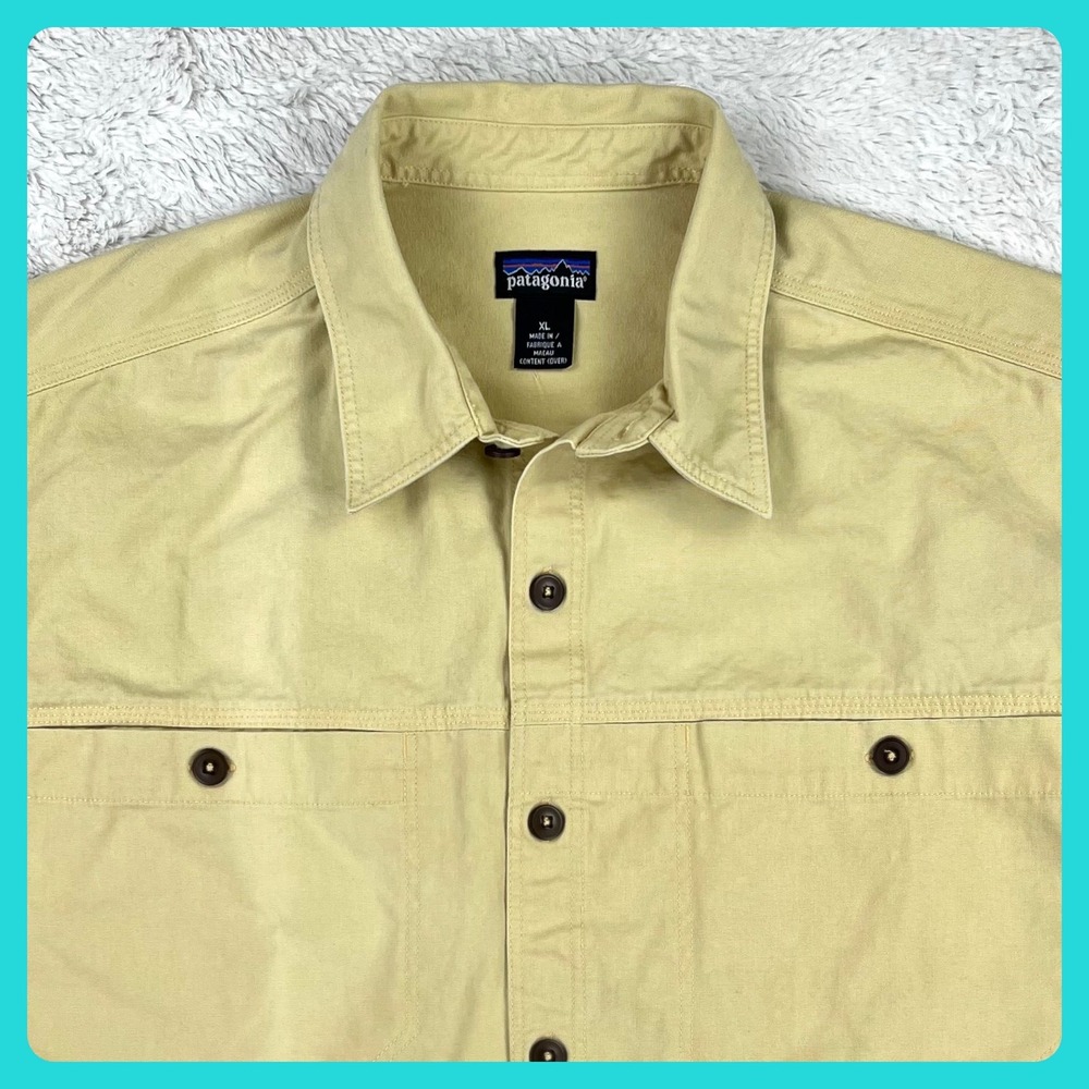 Patagonia Safari Shirt Men's XL Tan Cotton Canvas Short Sleeve Utility Vintage